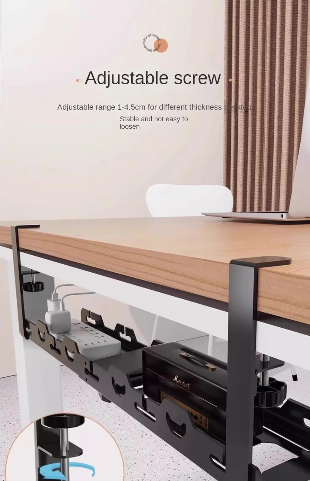 Metalen kabelgoot onder bureau met klem, wit of zwart