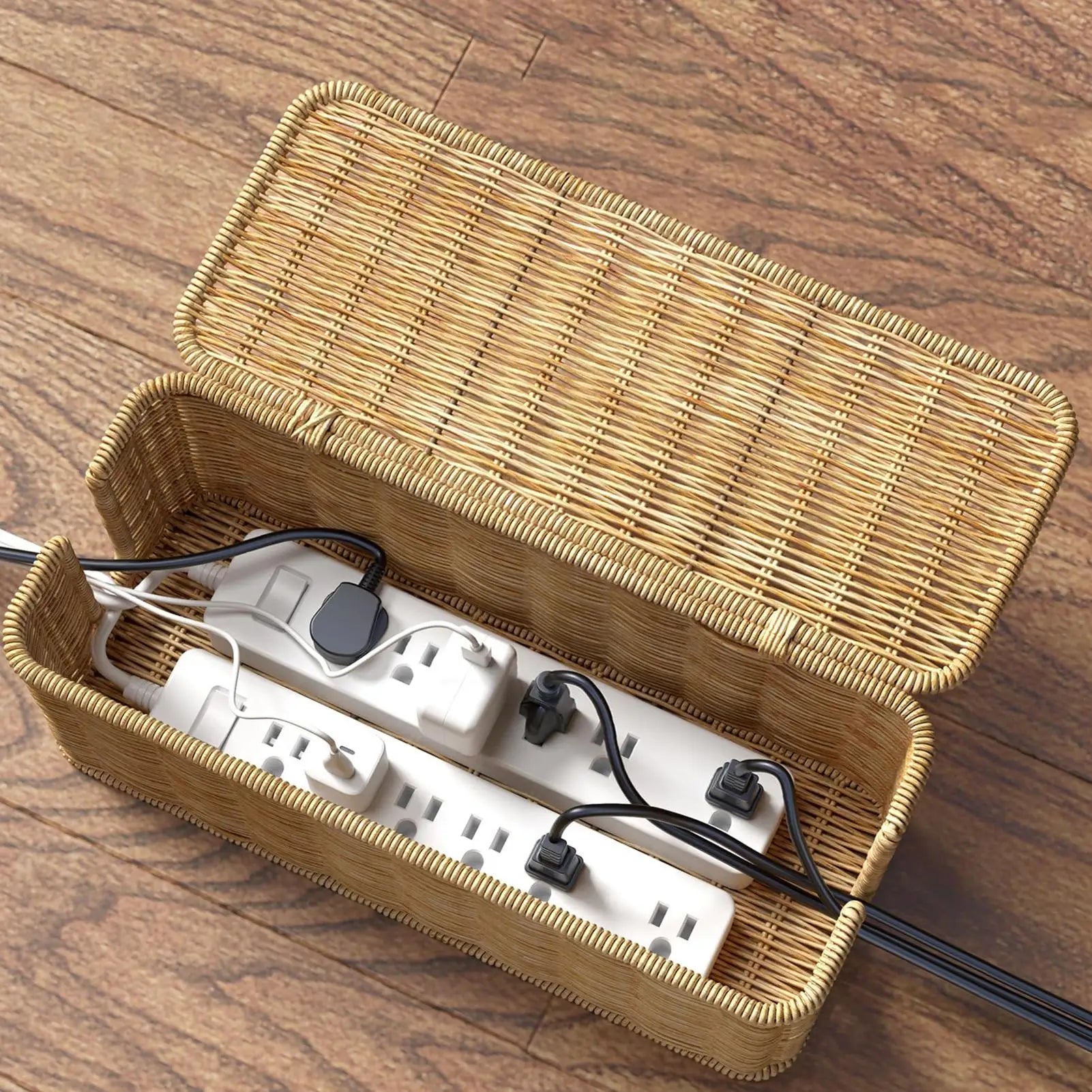 Gevlochten kabelbox met deksel en 2 openingen