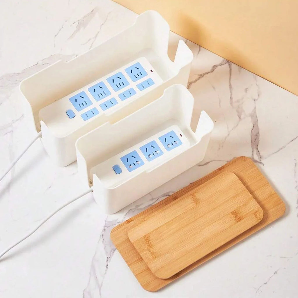 Kabelbox met bamboe deksel voor stekkerblok