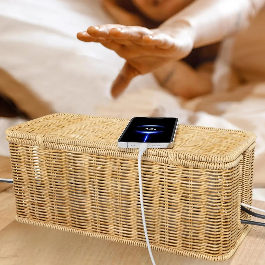 Gevlochten kabelbox met deksel en 2 openingen